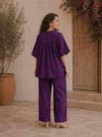 Deep Plum Cotton Gathered Kurta Set with Ladder Lace Detailing