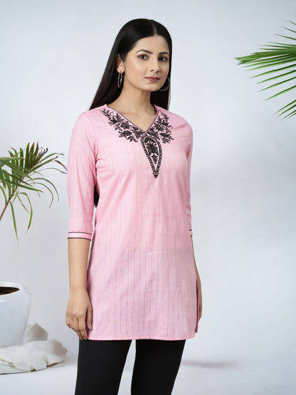 Baby Pink Short Kurti With Neck And Sleeve Embroidery