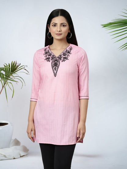 Baby Pink Short Kurti With Neck And Sleeve Embroidery