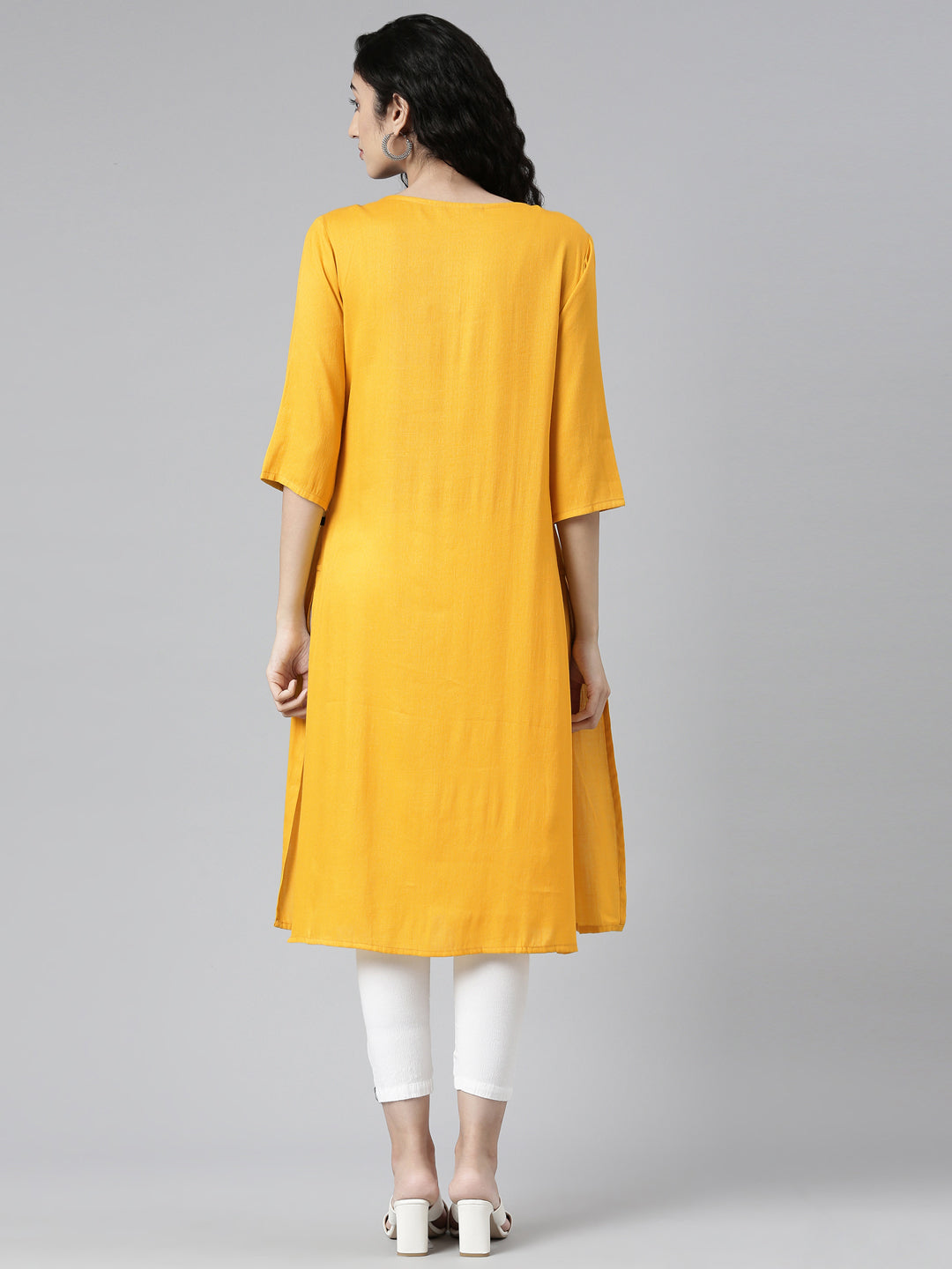 Women Woven Design Viscose Rayon Flared Kurta (Yellow) - Samhitas Apparel