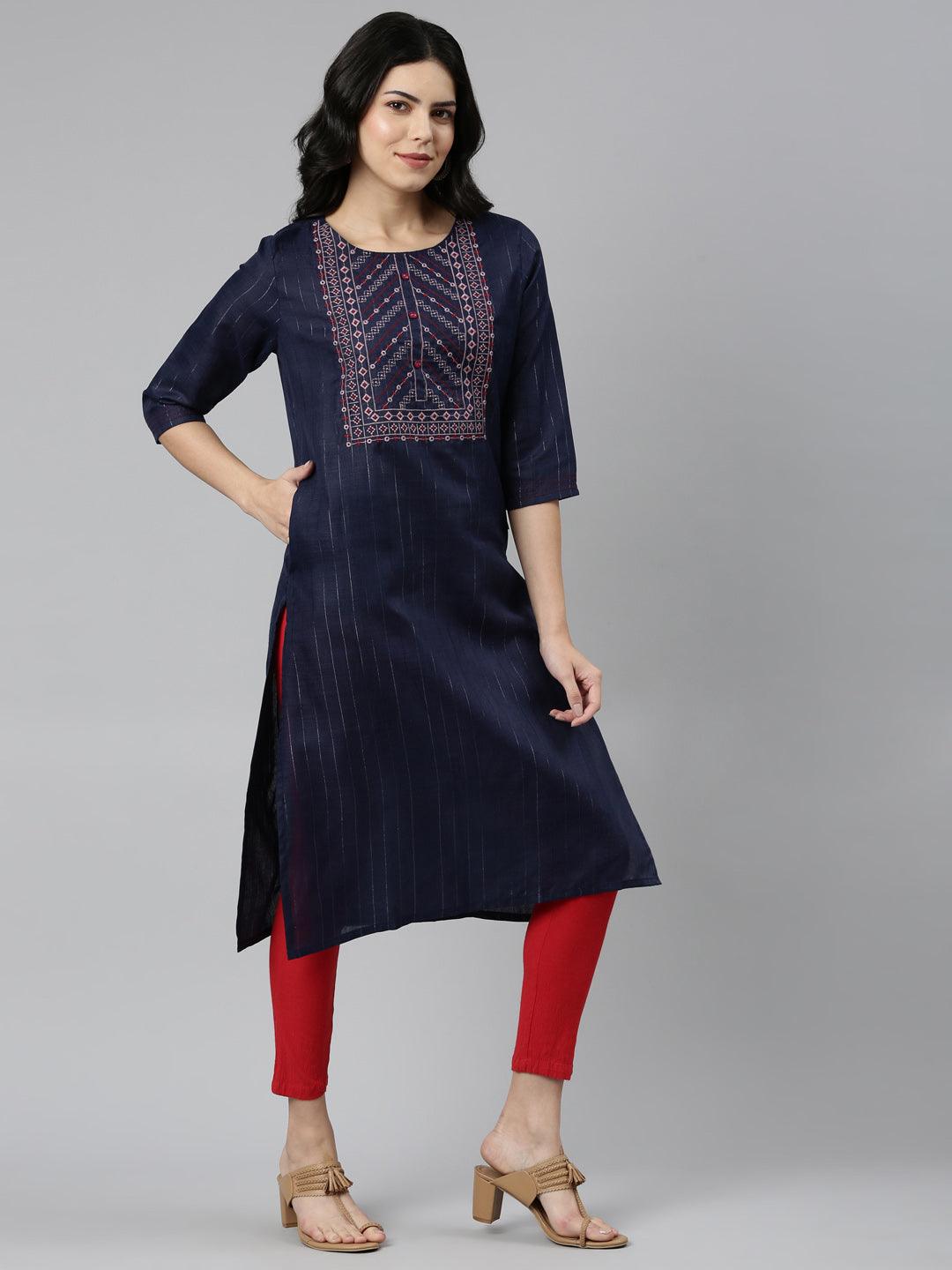 Women Striped Cotton Blend A-line Kurta (Blue, Red) - Samhitas Apparel