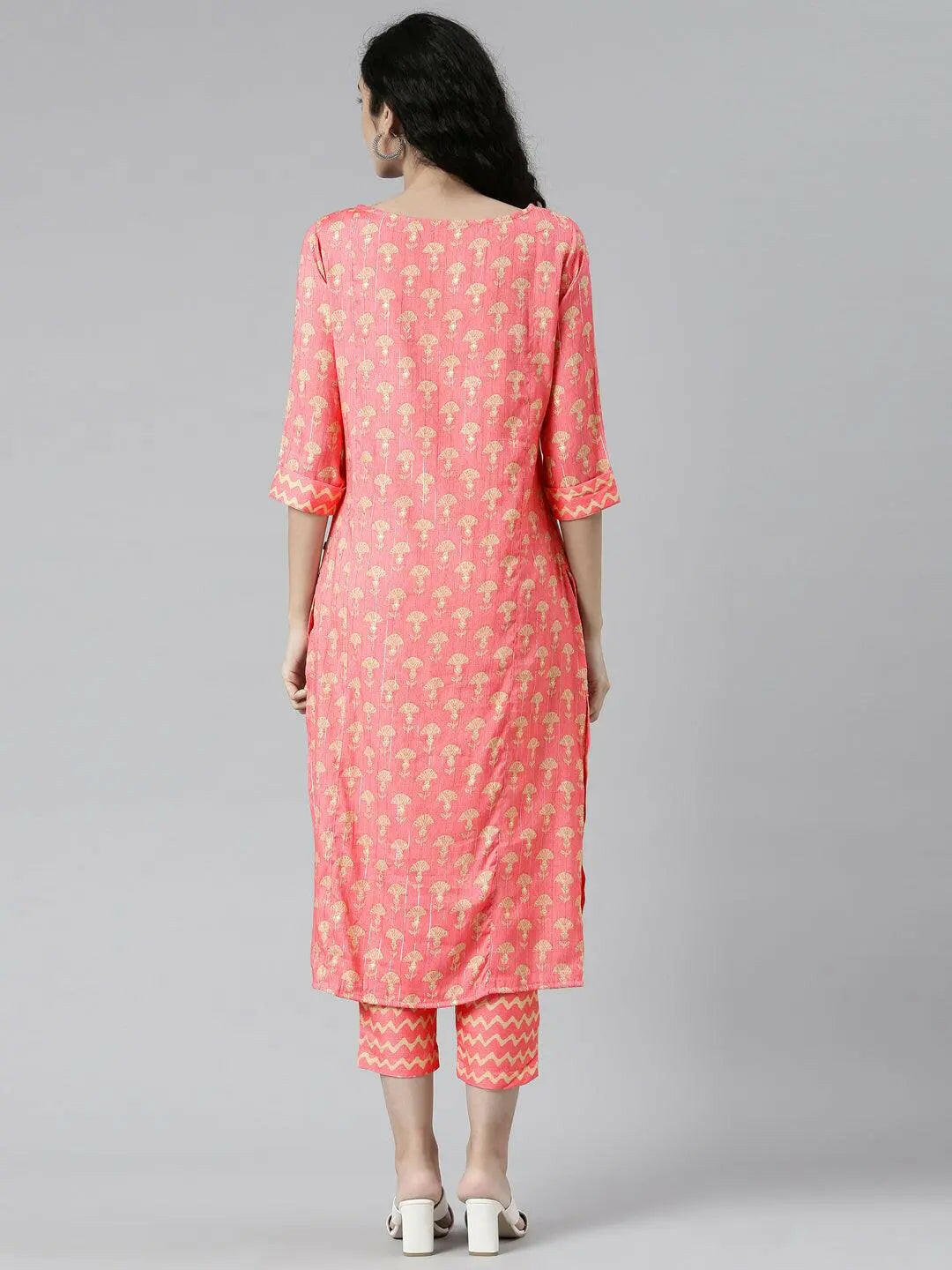 Floral Print Coral Straight Kurta Set from samhitas apparel