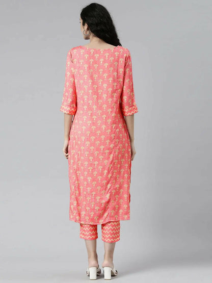 Floral Print Coral Straight Kurta Set from samhitas apparel