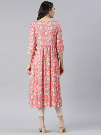 Elegant Pink Women’s Printed Viscose Rayon A-Line Kurta from samhitas apparel