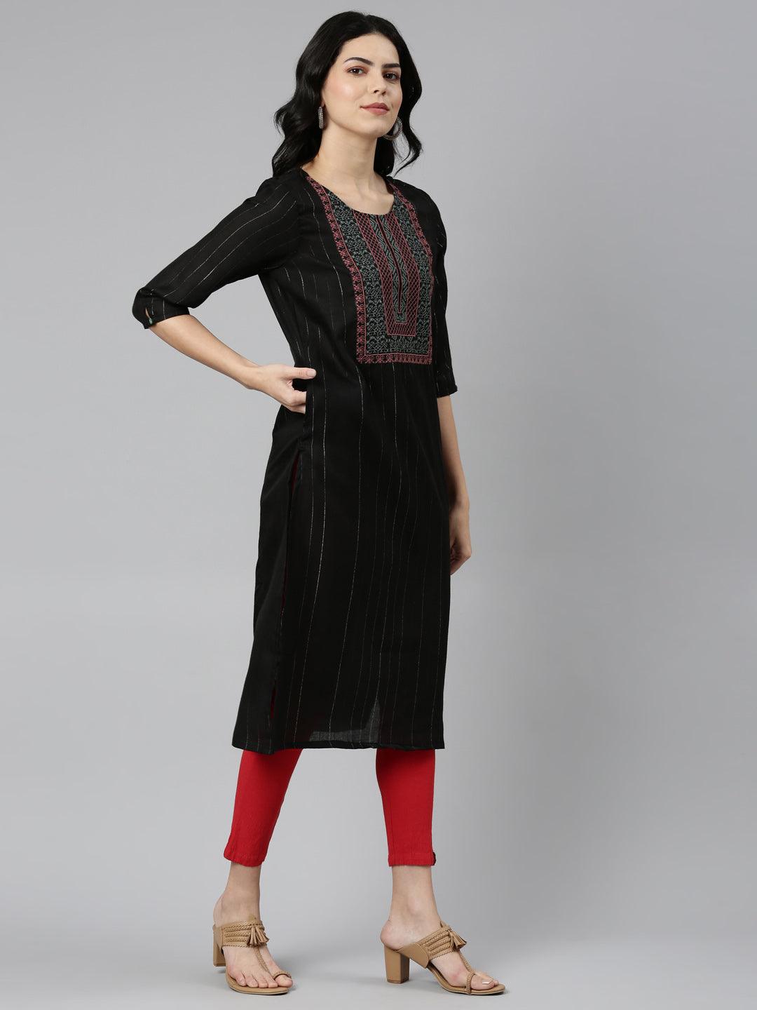 Embroidered cotton blend striped A-line black kurta for women