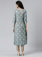 Back side image of Indigo Colored Printed Viscose Rayon Kurta for women from samhitas apparel