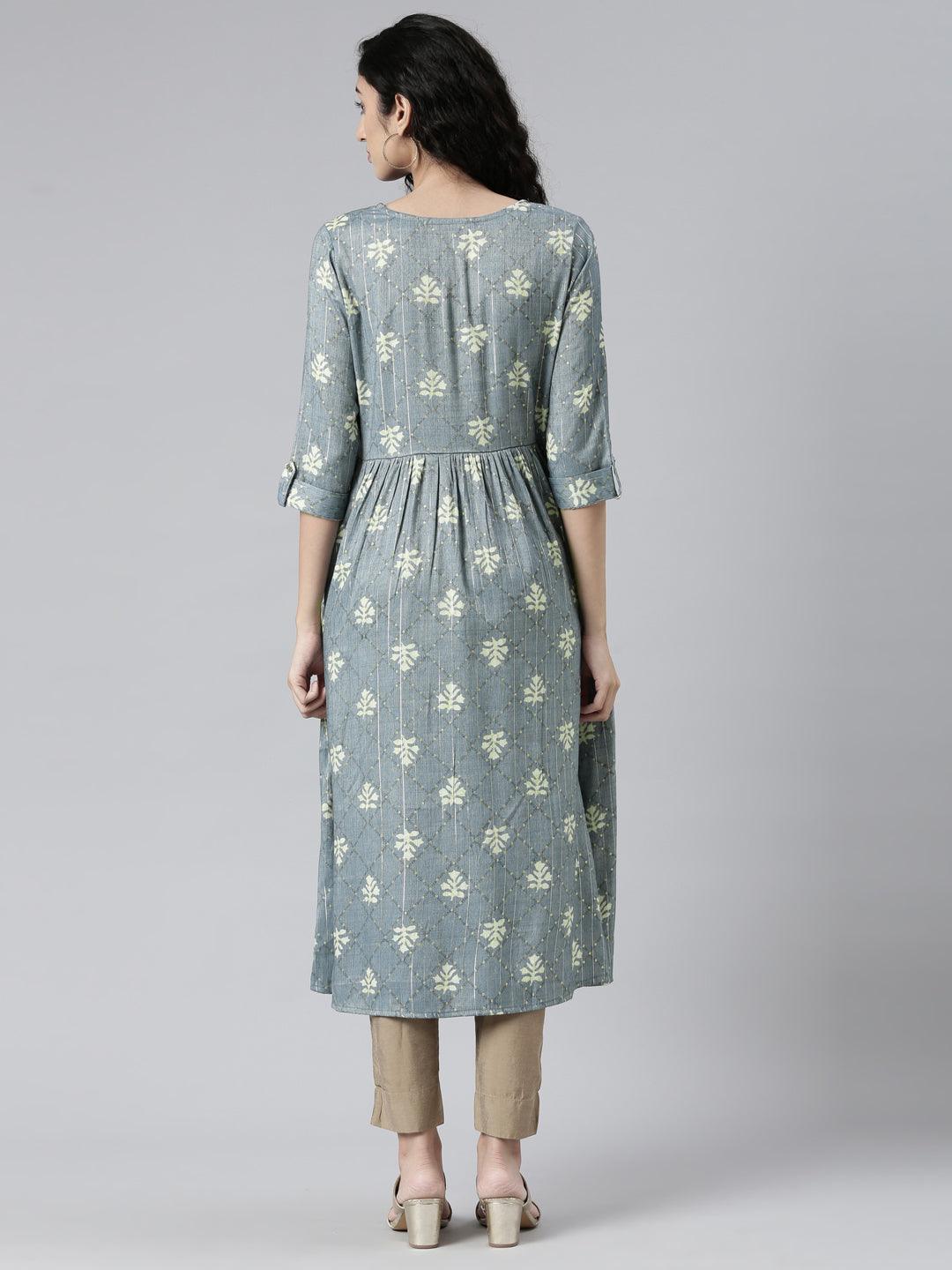 Back side image of Indigo Colored Printed Viscose Rayon Kurta for women from samhitas apparel