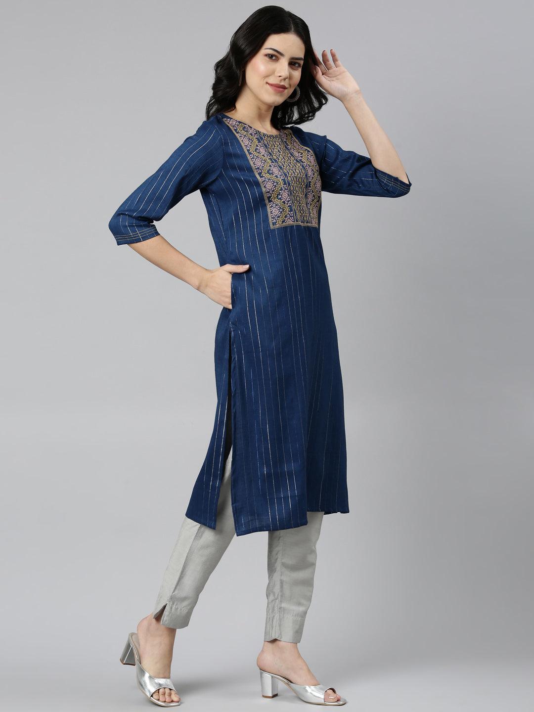 Full-length view of a women's striped blue A-line kurta from samhitas apparel