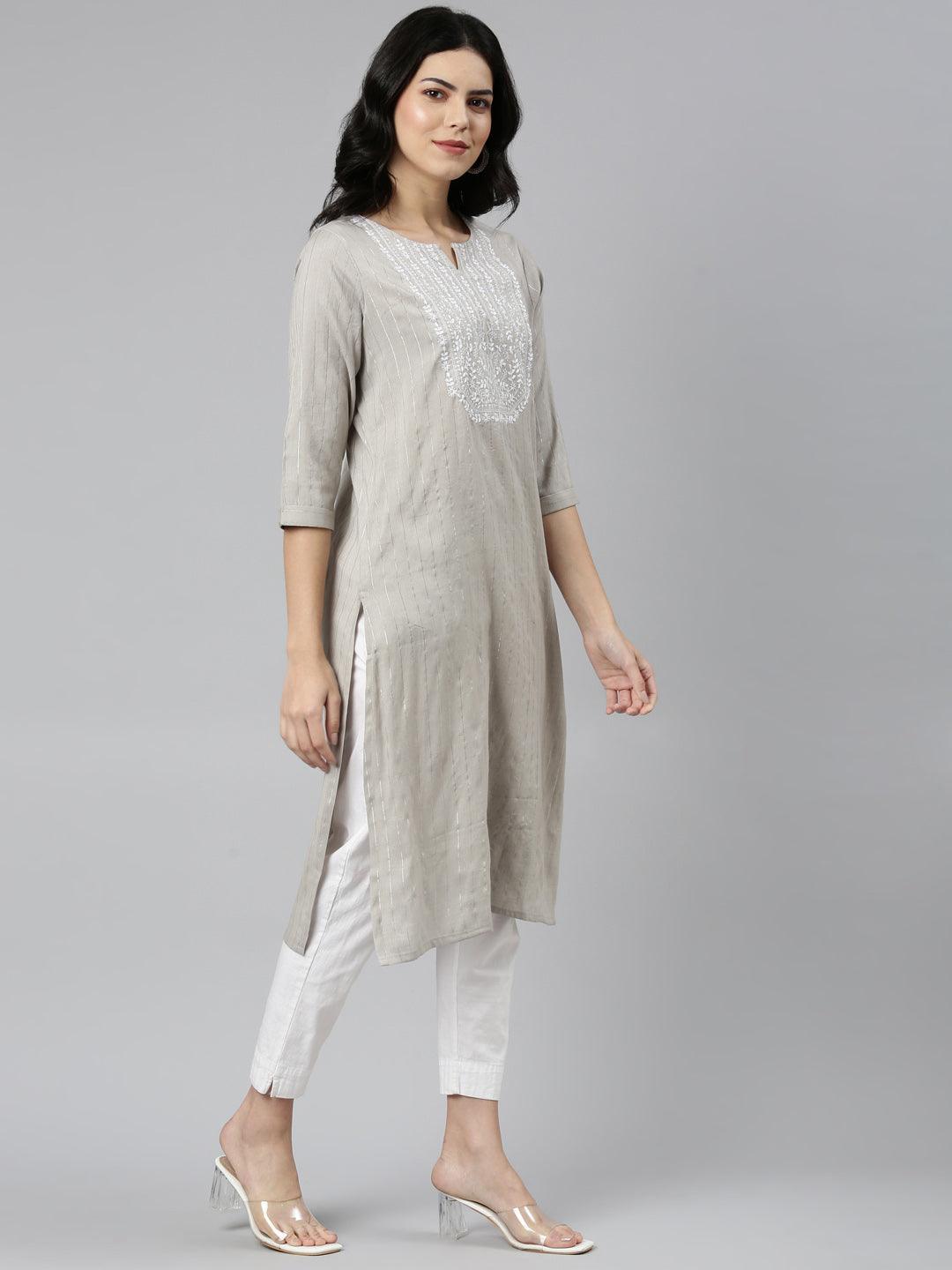 Women Striped Cotton Blend Flared Kurta (Grey) - Samhitas Apparel