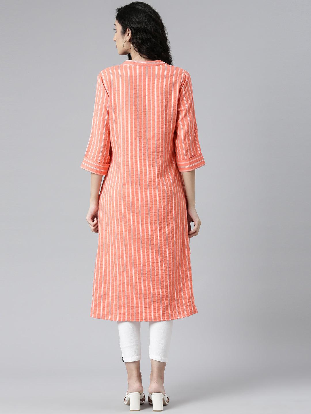 Orange Striped Chanderi Straight Kurta For Women from samhitas