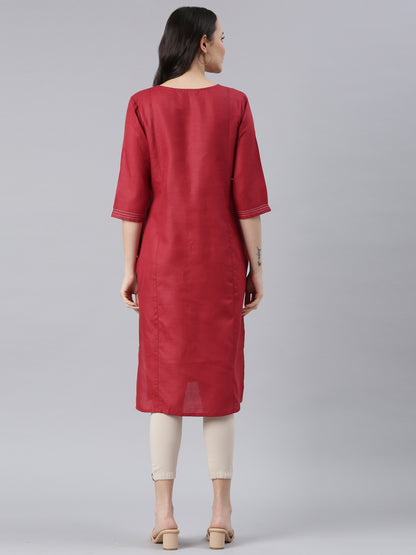 Backside view of Maroon Embroidered Cotton Blend Straight Kurta from samhitas apparel