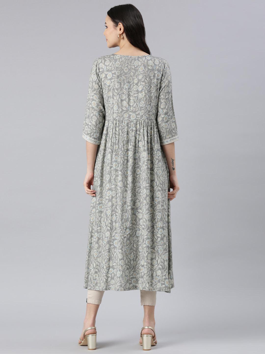 Grey Floral Printed A-Line Kurta for women from samhitas apparel