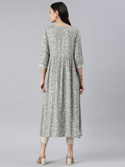 Women Printed Viscose Rayon A-line Kurta (Grey) - Samhitas Apparel