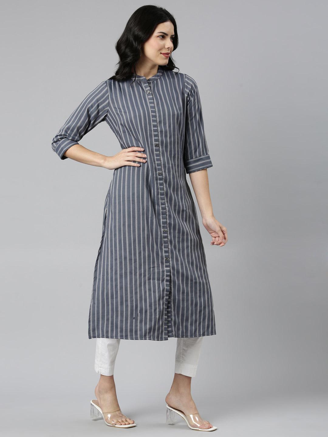 Grey Striped Cotton Silk A-line Kurtas for women from samhitas