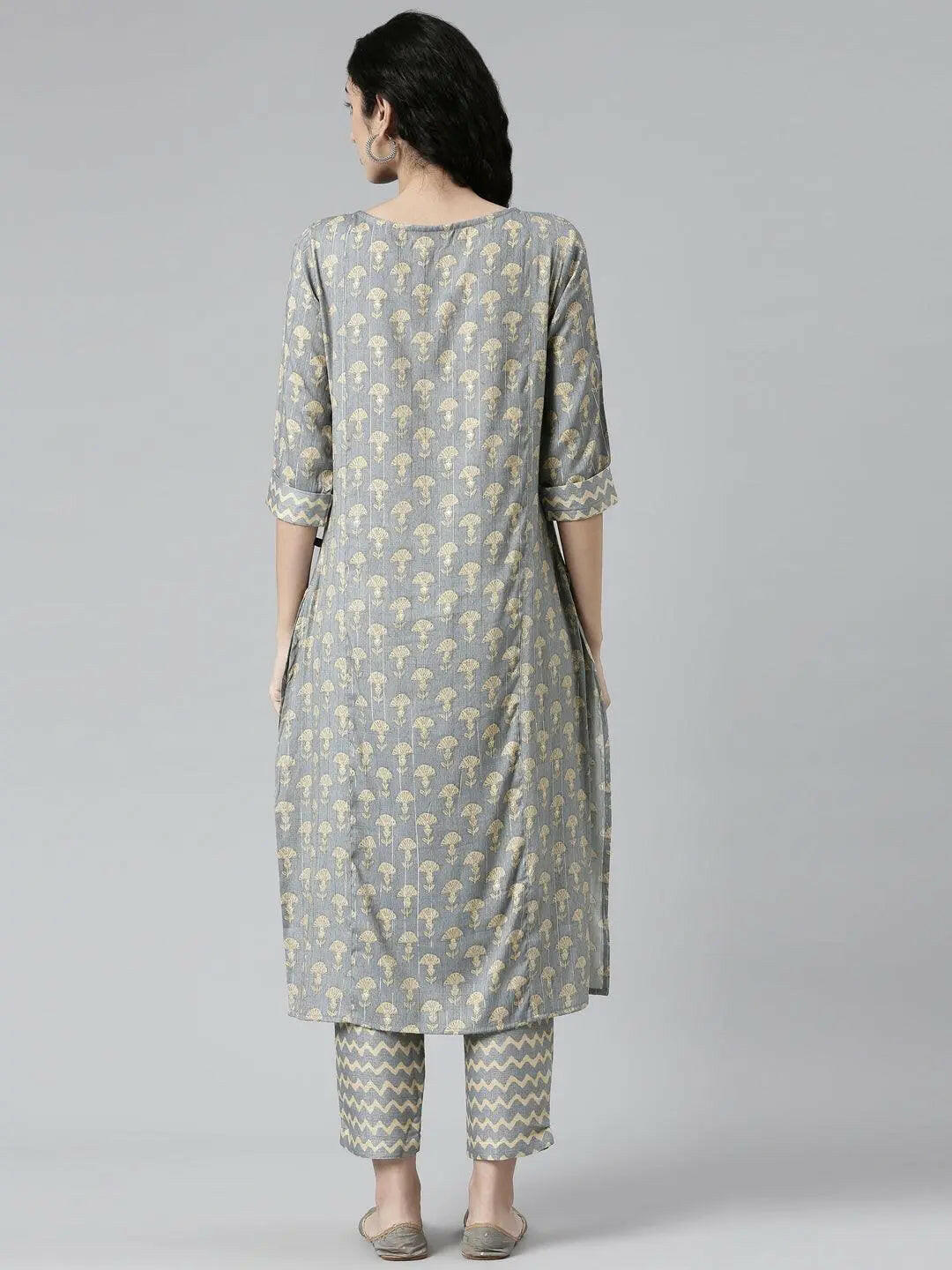 Elegant Grey Floral Print Straight Kurta Set from samhitas apparel