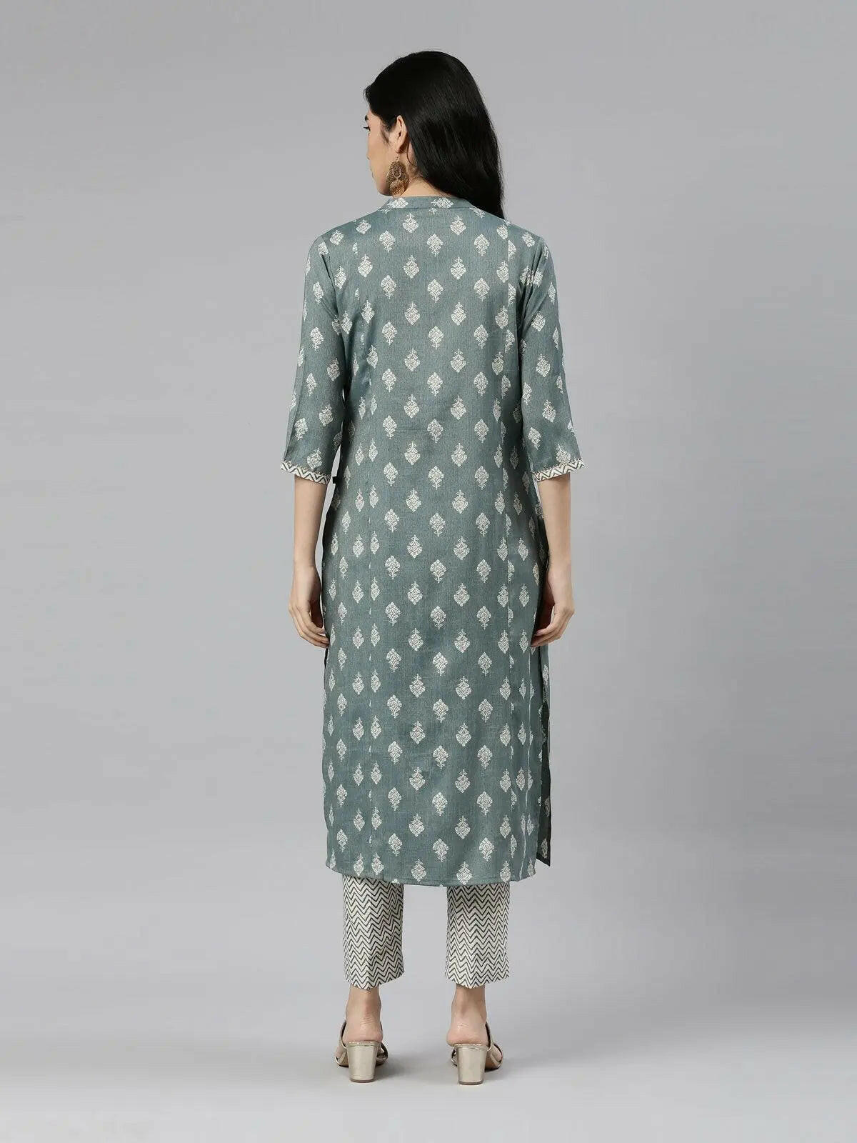 Teal Block Print Straight Kurta with Palazzo Pants Set from samhitas apparel