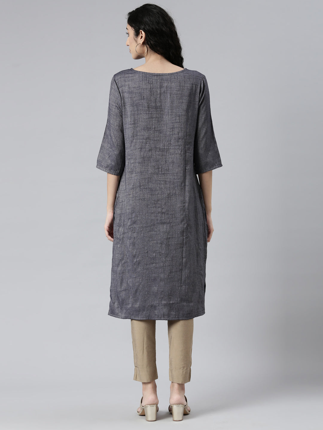 back view of Women Embroidered Grey Viscose Rayon Straight Kurta from samhitas apparel