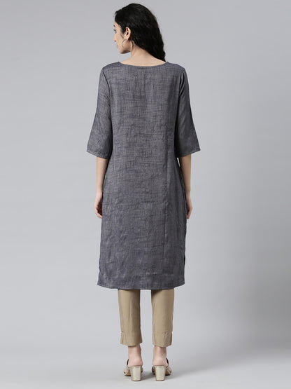 back view of Women Embroidered Grey Viscose Rayon Straight Kurta from samhitas apparel