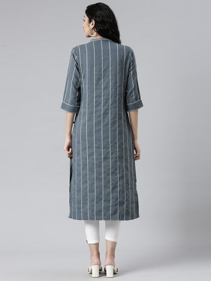 Women Striped Cotton Silk Straight Kurta (Grey) - Samhitas Apparel