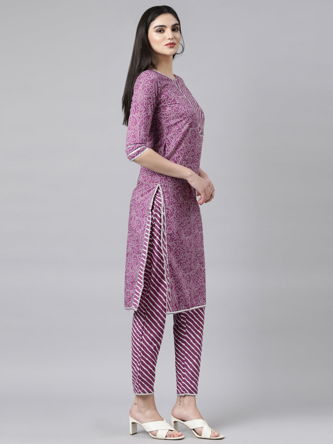 Printed Purple Cotton Kurta Set with Pant and Dupatta from samhitas apparel