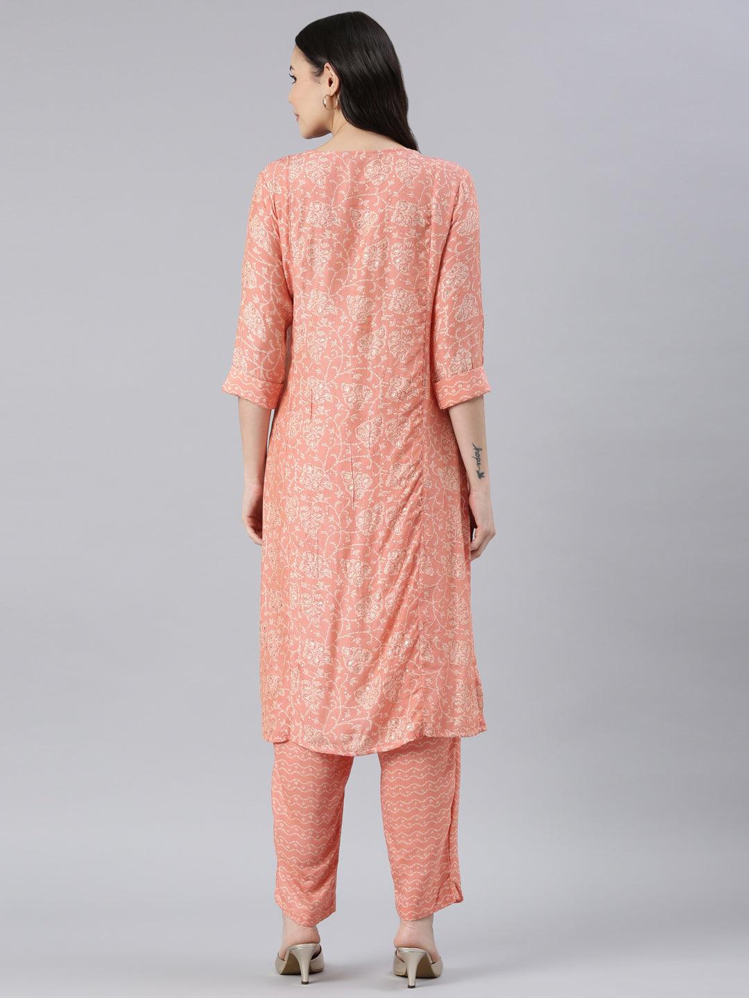 Peach pure silk women's kurta featuring intricate print patterns