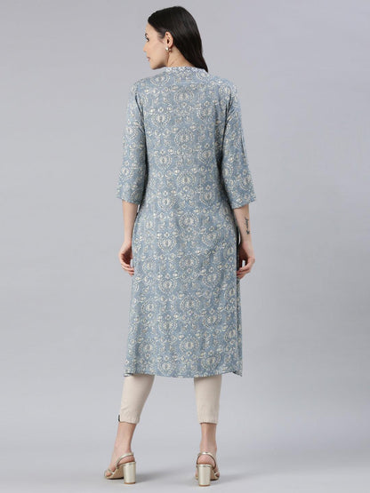 Women Floral Print Viscose Rayon Straight Kurta (Blue) - Samhitas Apparel