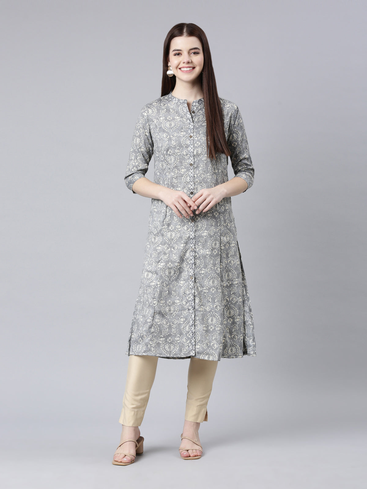 Women's Grey Mandarian Collar Viscose Rayon Kurta from samhitas apparel