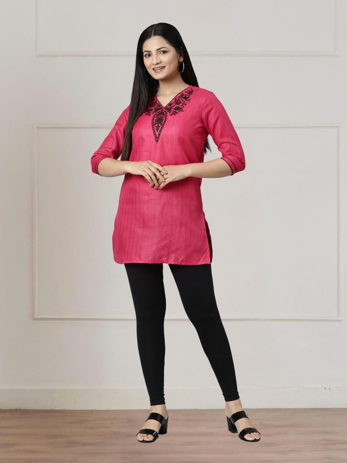 Dark Pink Short Kurti With Neck And Sleeve Embroidery