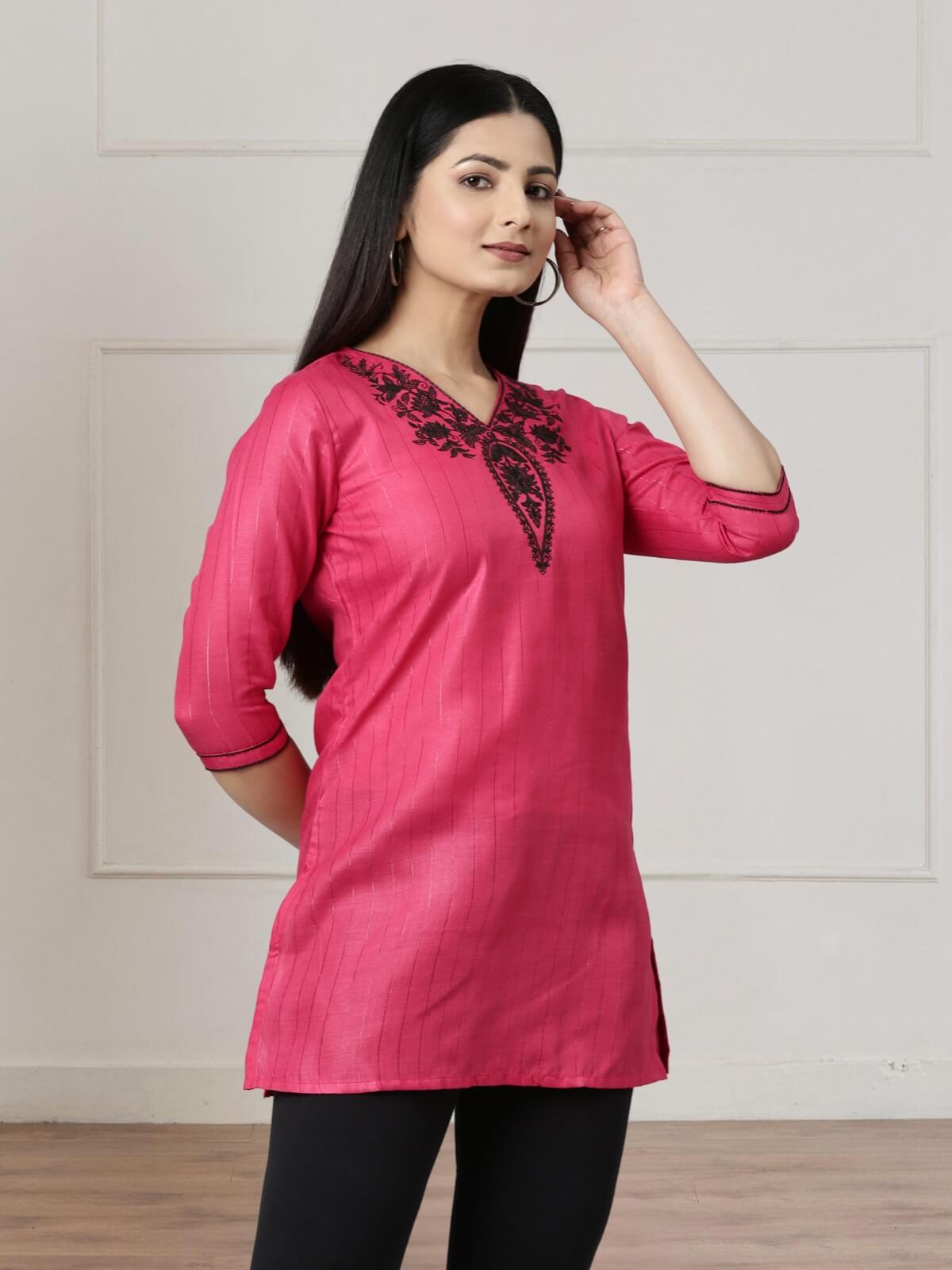 Dark Pink Short Kurti With Neck And Sleeve Embroidery