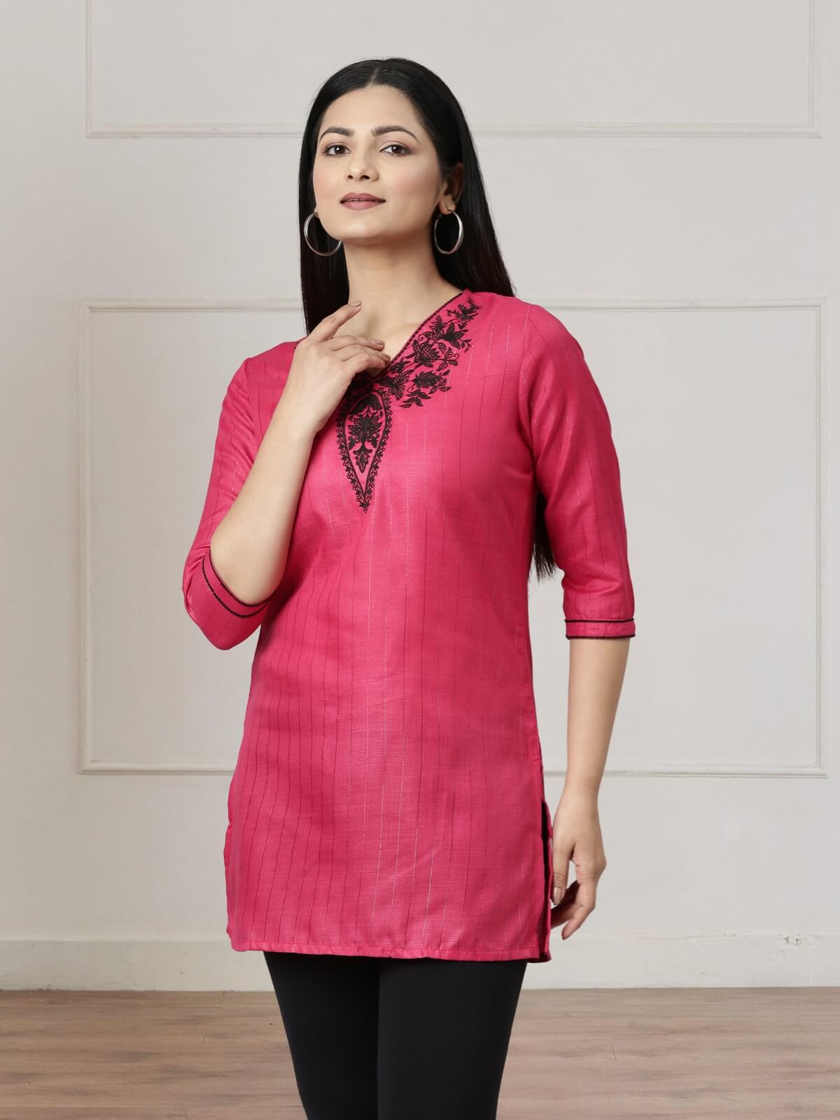 Dark Pink Short Kurti With Neck And Sleeve Embroidery