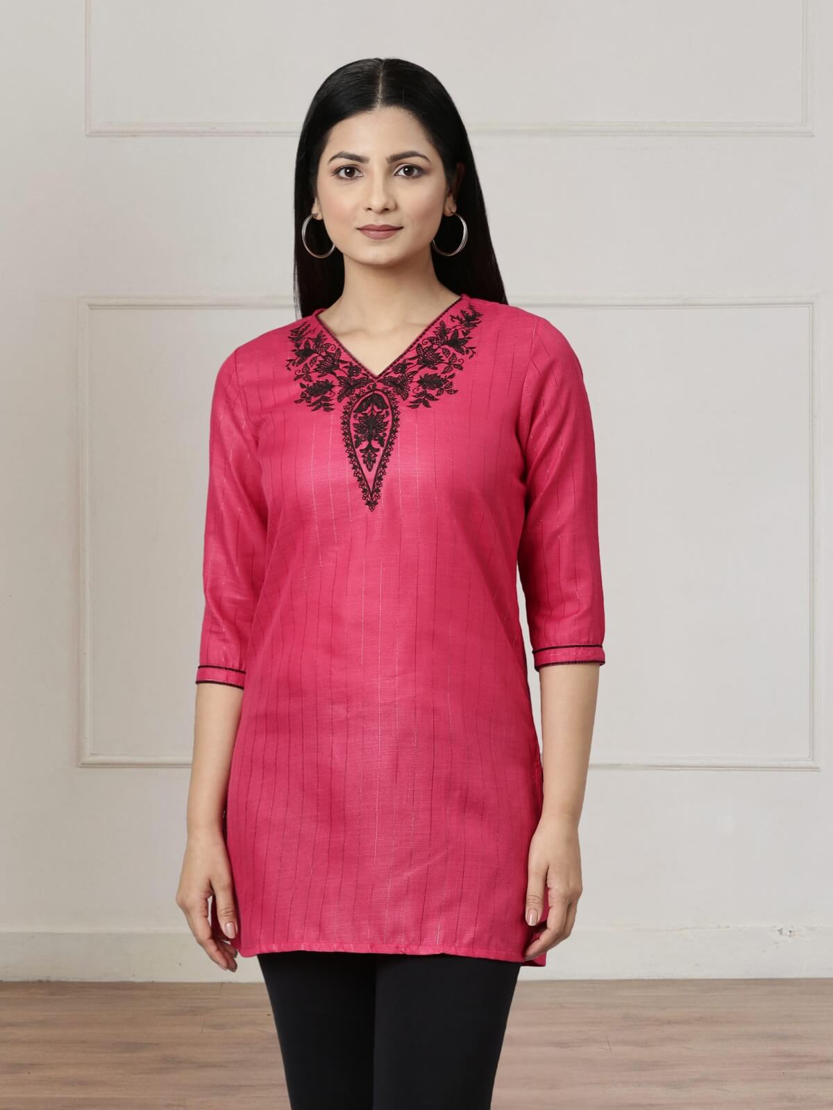 Dark Pink Short Kurti With Neck And Sleeve Embroidery