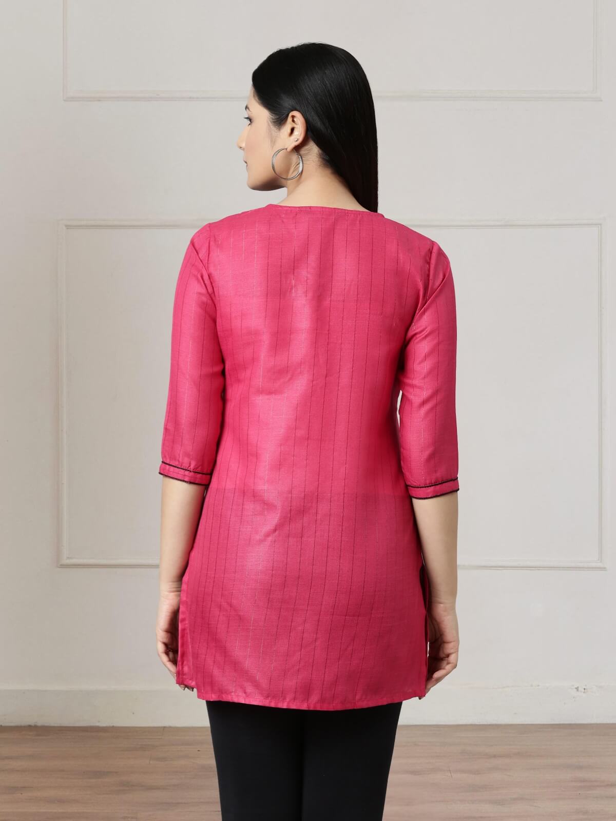 Dark Pink Short Kurti With Neck And Sleeve Embroidery