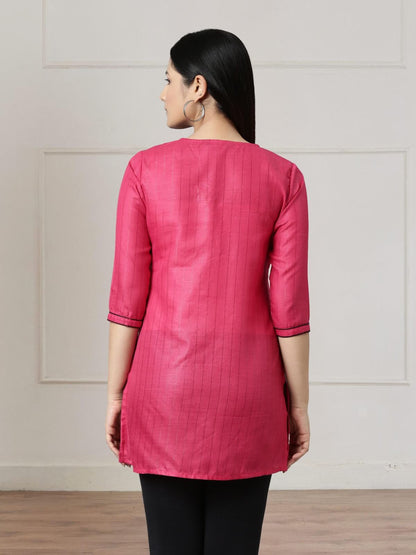 Dark Pink Short Kurti With Neck And Sleeve Embroidery