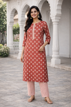 Rayon Printed Straight Kurta Pant Set- Kalki Maroon