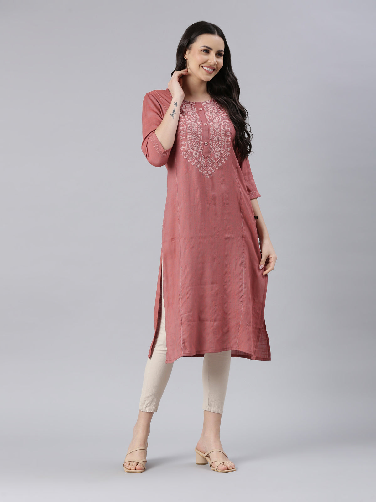 Women Embroidered Viscose Rayon A-line Kurta (Pink, White) - Samhitas Apparel