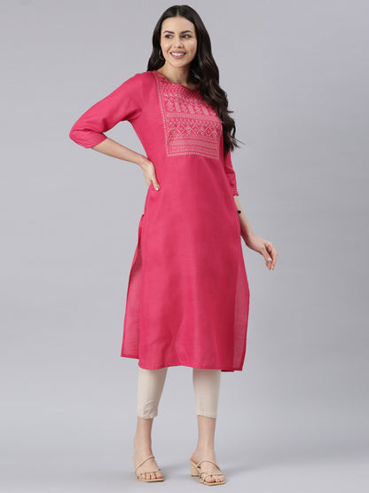 Women Embroidered Cotton Blend Straight Kurta (Pink) - Samhitas Apparel