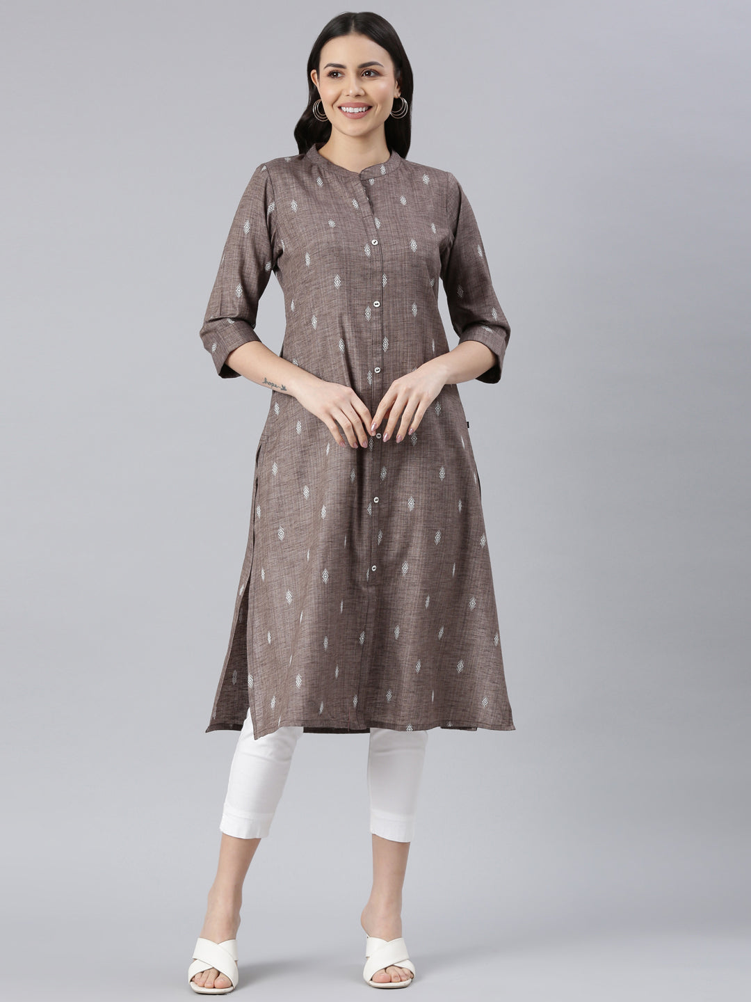 Women Printed Cotton Blend Straight Kurta (Brown) - Samhitas Apparel