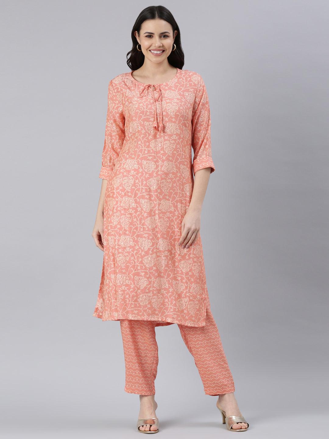 Women's coral pink pure silk kurta with print detailing