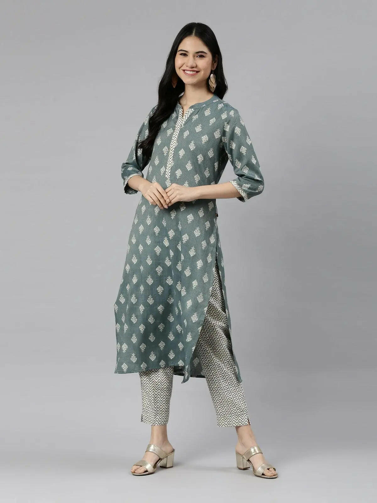 Teal Block Print Straight Kurta with Palazzo Pants Set from samhitas apparel