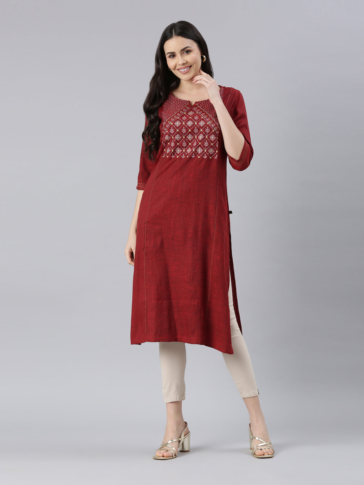 Women Embroidered Viscose Rayon A-line Kurta (Maroon) - Samhitas Apparel