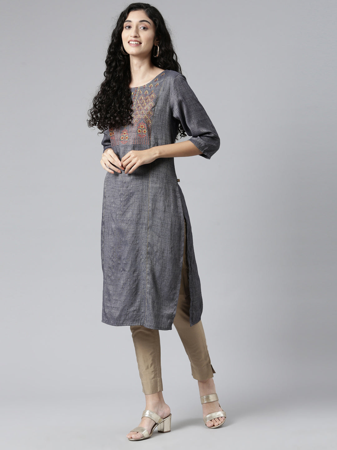 front view of Women Embroidered Grey Viscose Rayon Straight Kurta from samhitas apparel