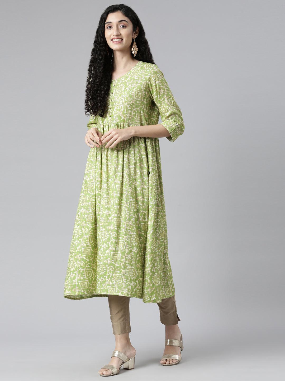 Light Green Abstract Viscose Rayon Flared Kurta for women from samhitas