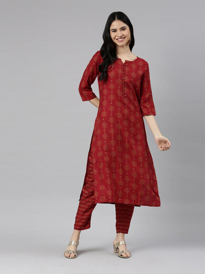 Maroon Printed Cotton Silk Kurta Pant Set for Women from samhitas apparel