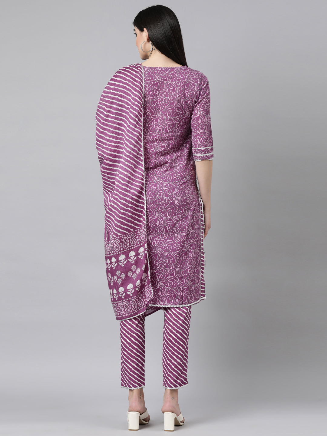 Printed Purple Cotton Kurta Set with Pant and Dupatta from samhitas apparel