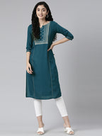 front view of Solid Blue Embroidered Viscose Rayon Straight Kurta from samhitas apparel