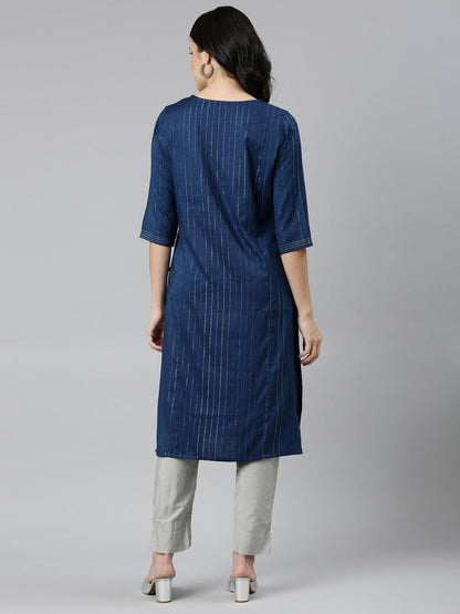 Backside view of a Blue Striped Cotton A-line Kurta with Embroidery from samhitas apparel