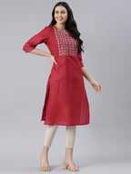 front view of Maroon Embroidered Cotton Blend Straight Kurta from samhitas apparel