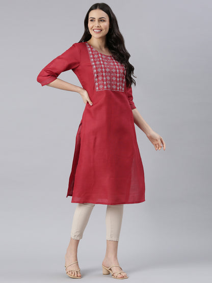 Women Embroidered Cotton Blend Straight Kurta (Maroon) - Samhitas Apparel