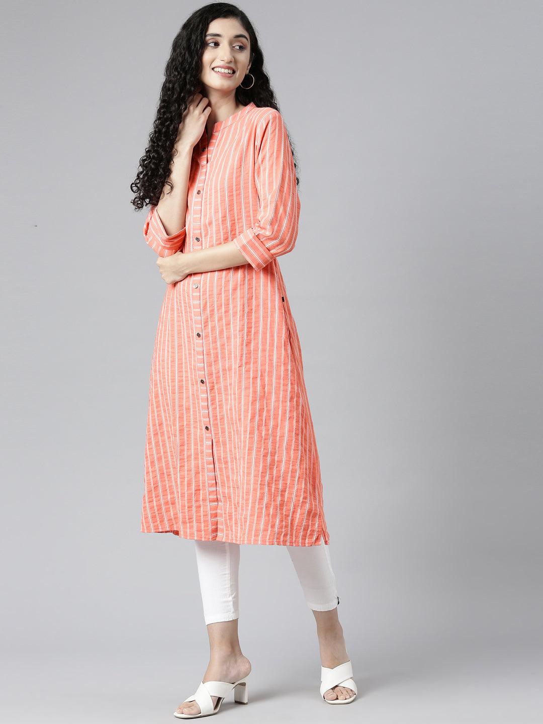 Orange Striped Chanderi Straight Kurta For Women from samhitas