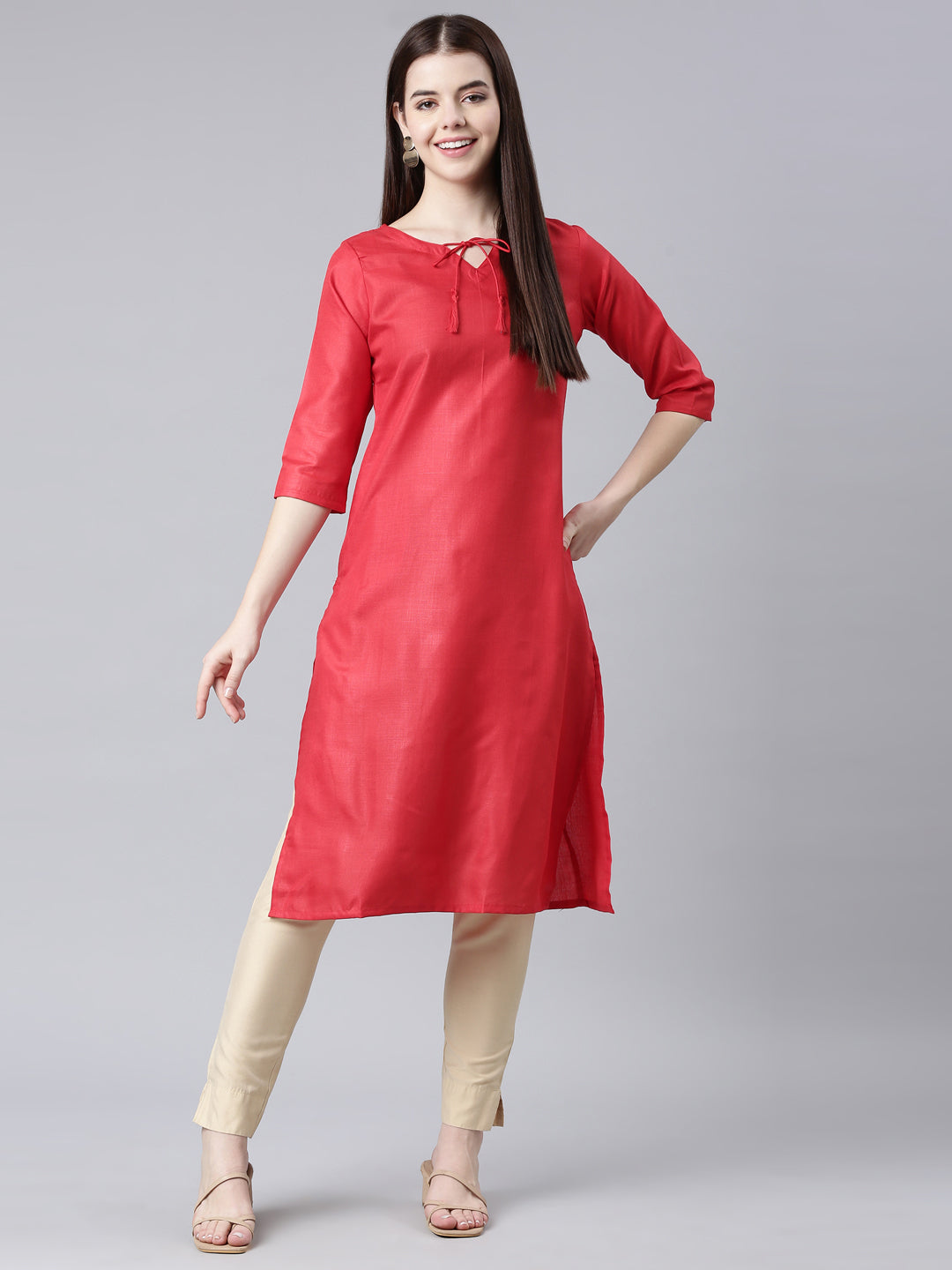 Women's Solid Red Cotton Slub Kurta from samhitas apparel